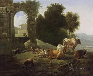 Cattle Cow Bull Painting - shepherd cow italianate landscape willem romeijn